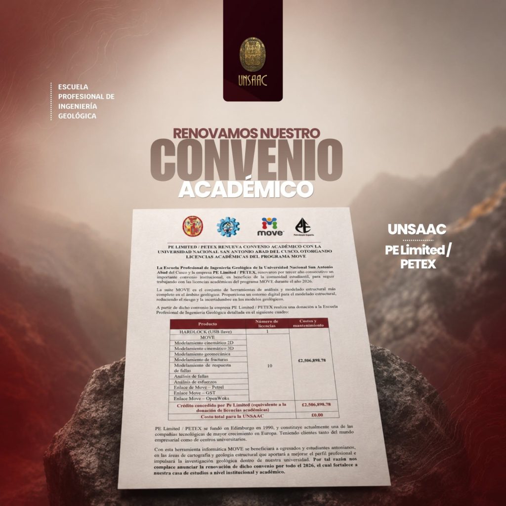 Escuela Profesional de Ingeniería Geológica de la UNSAAC renueva convenio con PE Limited / PETEX para el uso de licencias académicas MOVE durante el 2026